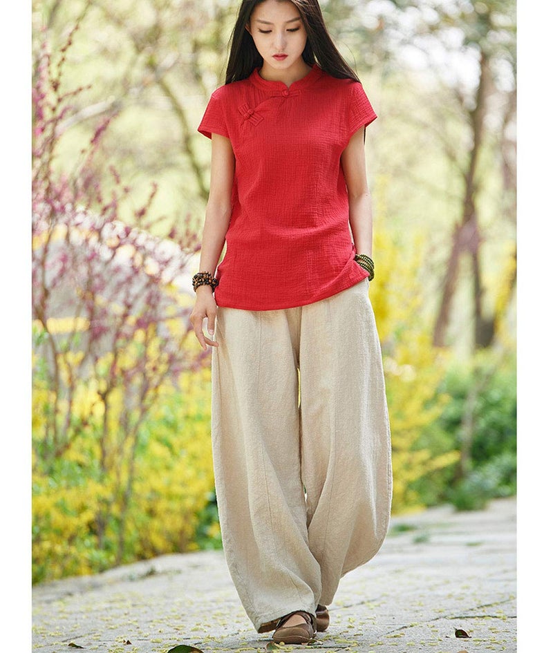 IXIMO Women's Casual Cotton Linen Baggy Pants with Elastic Waist Relax Fit Lantern Trousers Beige XXL - Image 3